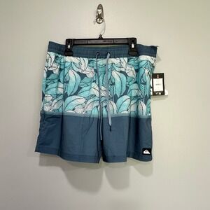 Quiksilver‎ Mens XL Blue Shadow Leaf Pattern Swim Trunks Board Shorts